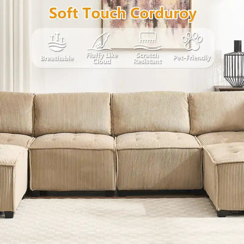 U-förmiges Cord-Polster Ecksofa, 6-Sitzer, wandelbar, modular, für das Wohnzimmer geeignet