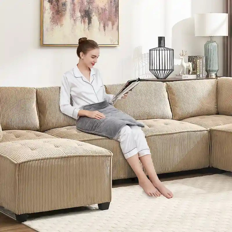 U-förmiges Cord-Polster Ecksofa, 6-Sitzer, wandelbar, modular, für das Wohnzimmer geeignet