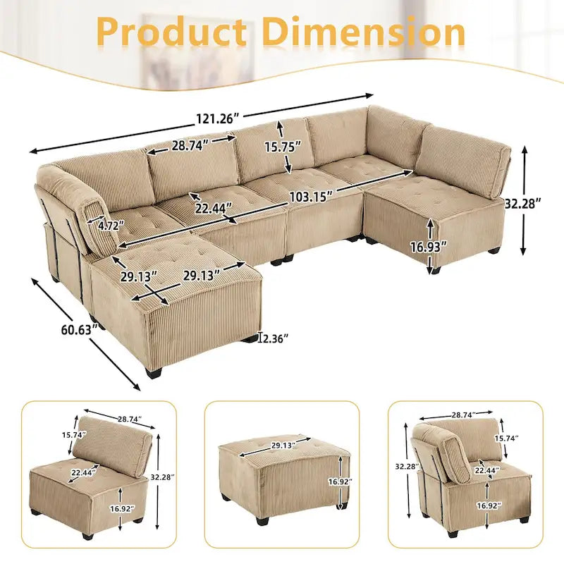 U-förmiges Cord-Polster Ecksofa, 6-Sitzer, wandelbar, modular, für das Wohnzimmer geeignet