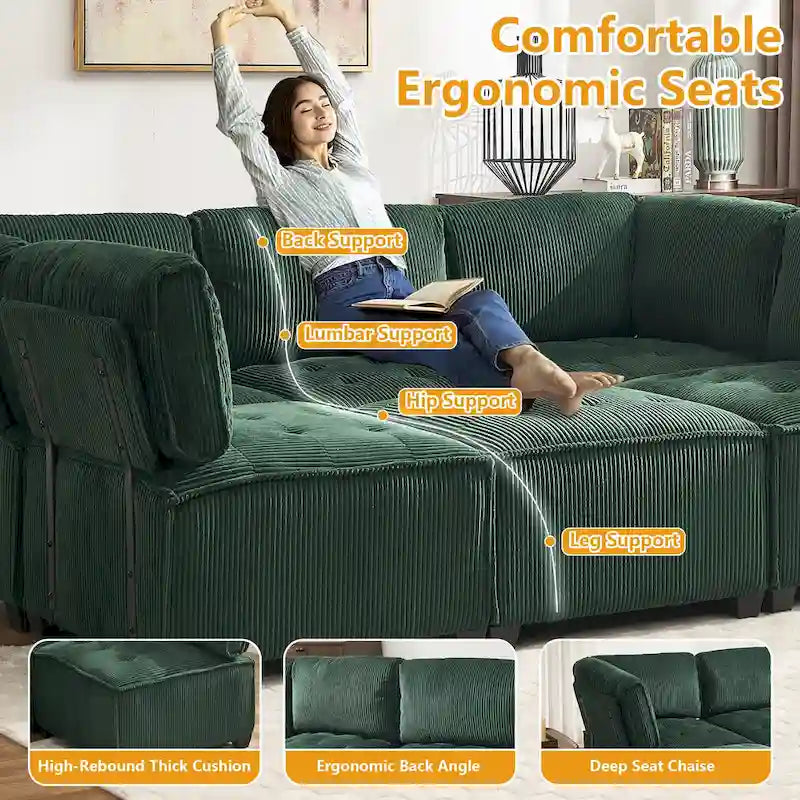 U-förmiges Cord-Polster Ecksofa, 6-Sitzer, wandelbar, modular, für das Wohnzimmer geeignet