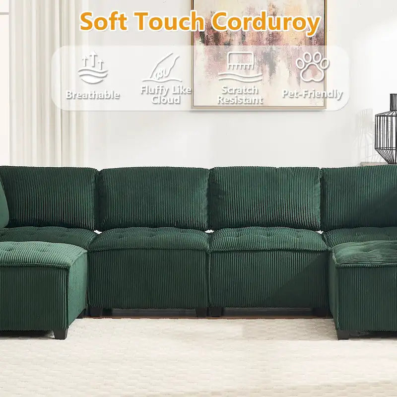U-förmiges Cord-Polster Ecksofa, 6-Sitzer, wandelbar, modular, für das Wohnzimmer geeignet