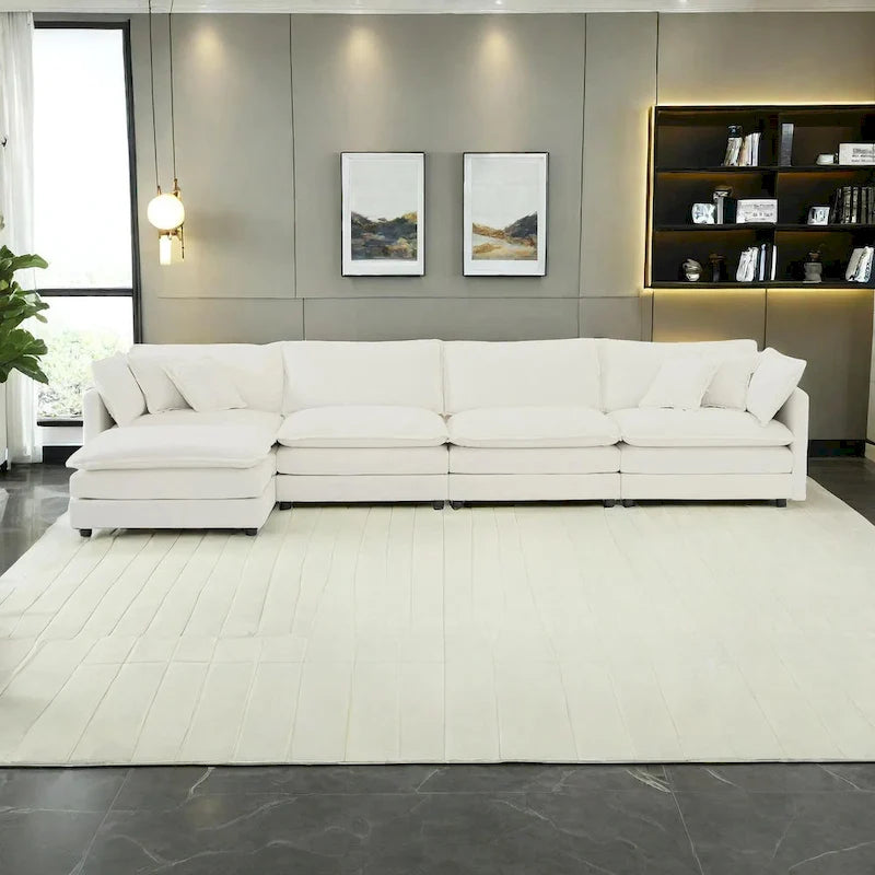 5-teiliges modulares L-förmiges Schnittsofa mit Ottomane, Chenille-bezogen