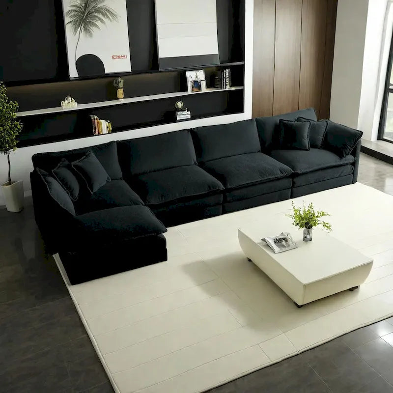 5-teiliges modulares L-förmiges Schnittsofa mit Ottomane, Chenille-bezogen