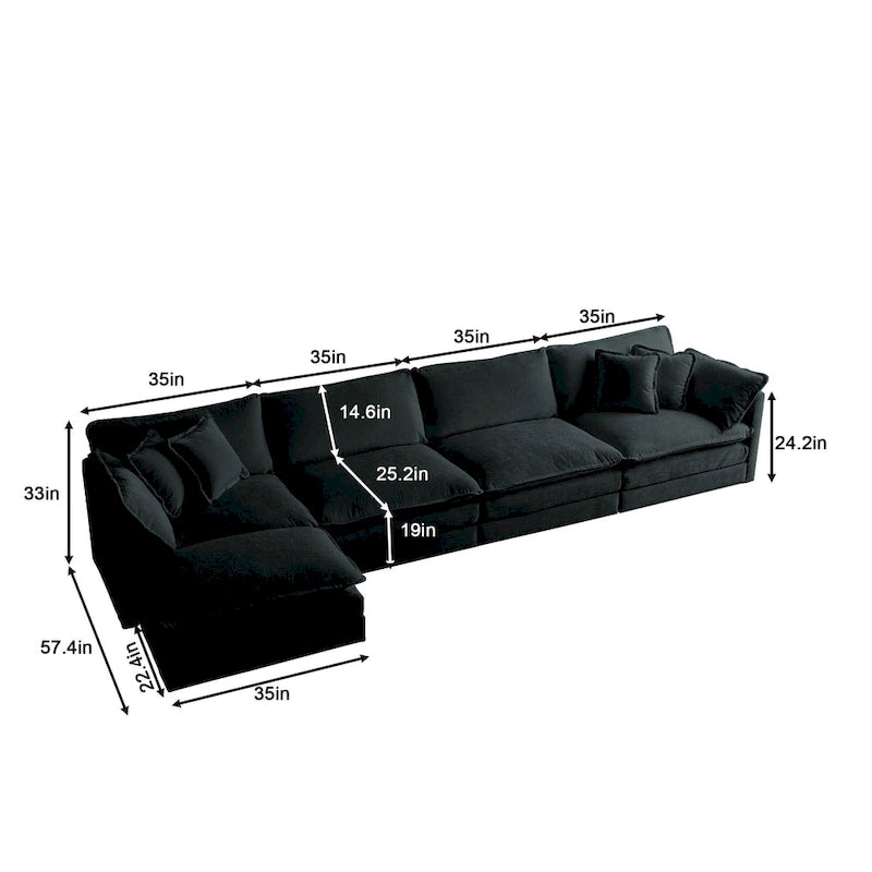 5-teiliges modulares L-förmiges Schnittsofa mit Ottomane, Chenille-bezogen