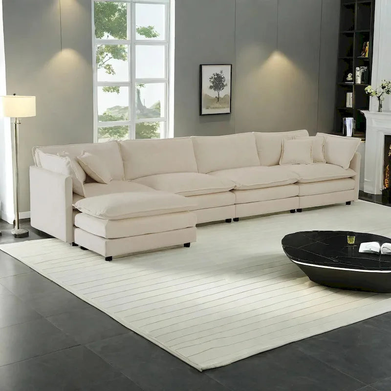 5-teiliges modulares L-förmiges Schnittsofa mit Ottomane, Chenille-bezogen