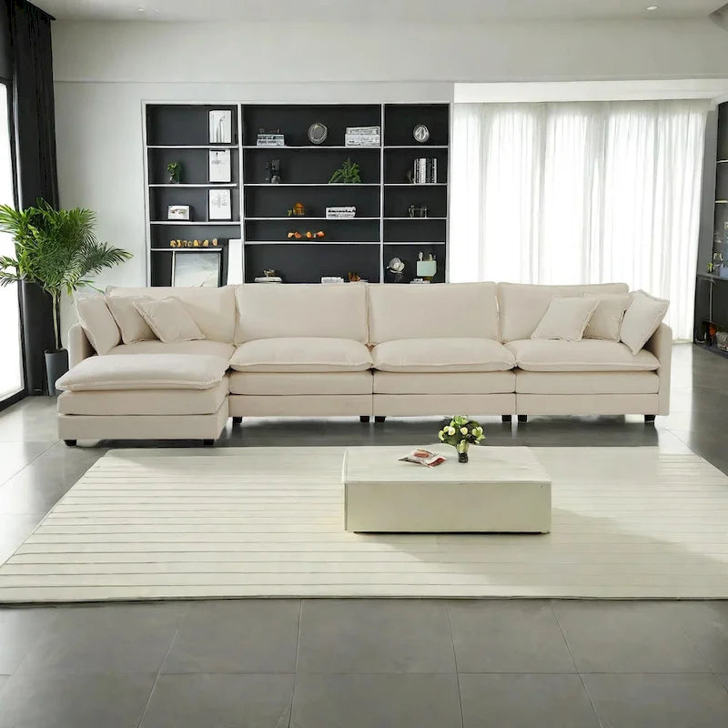 5-teiliges modulares L-förmiges Schnittsofa mit Ottomane, Chenille-bezogen