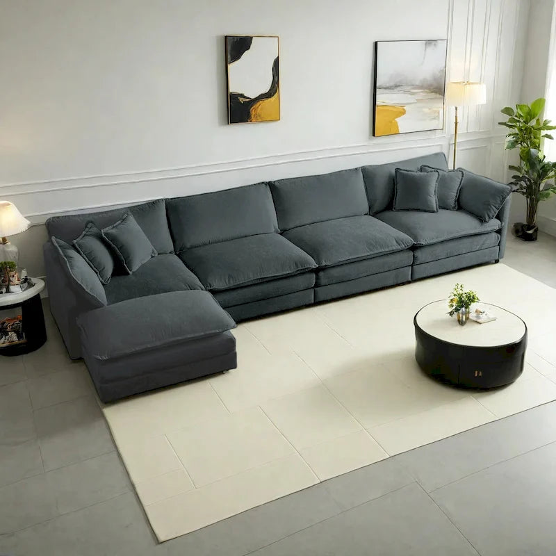 5-teiliges modulares L-förmiges Schnittsofa mit Ottomane, Chenille-bezogen