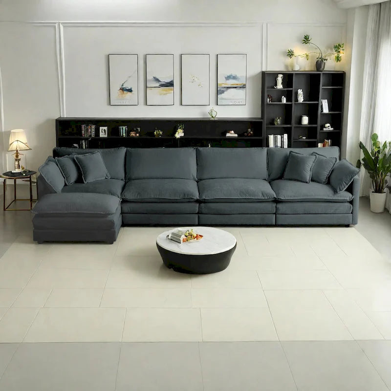 5-teiliges modulares L-förmiges Schnittsofa mit Ottomane, Chenille-bezogen