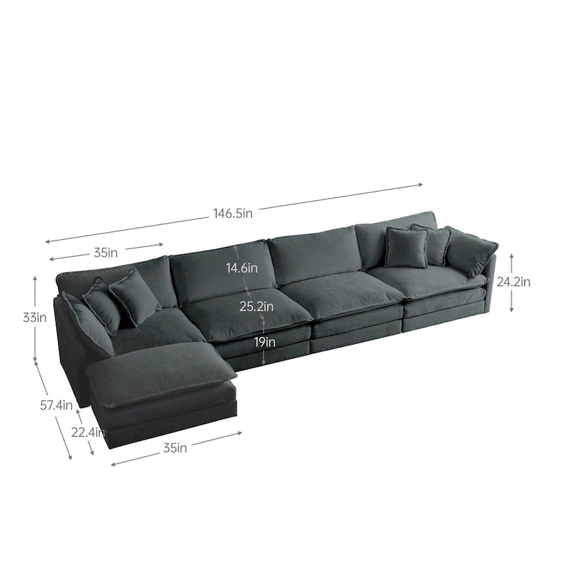 5-teiliges modulares L-förmiges Schnittsofa mit Ottomane, Chenille-bezogen