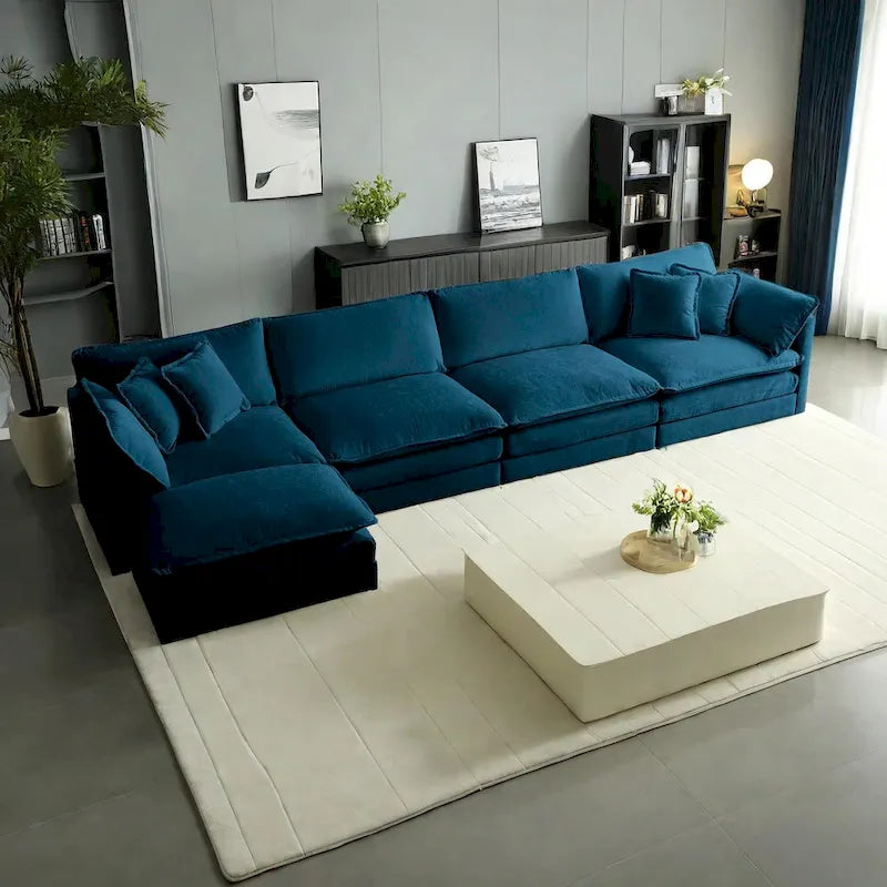 5-teiliges modulares L-förmiges Schnittsofa mit Ottomane, Chenille-bezogen
