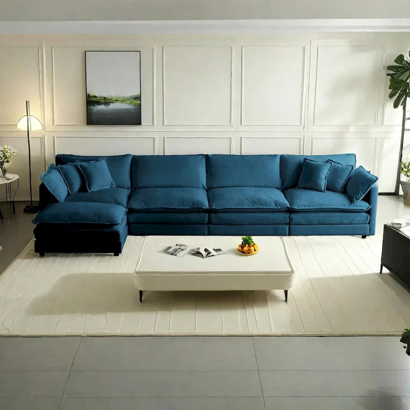 5-teiliges modulares L-förmiges Schnittsofa mit Ottomane, Chenille-bezogen