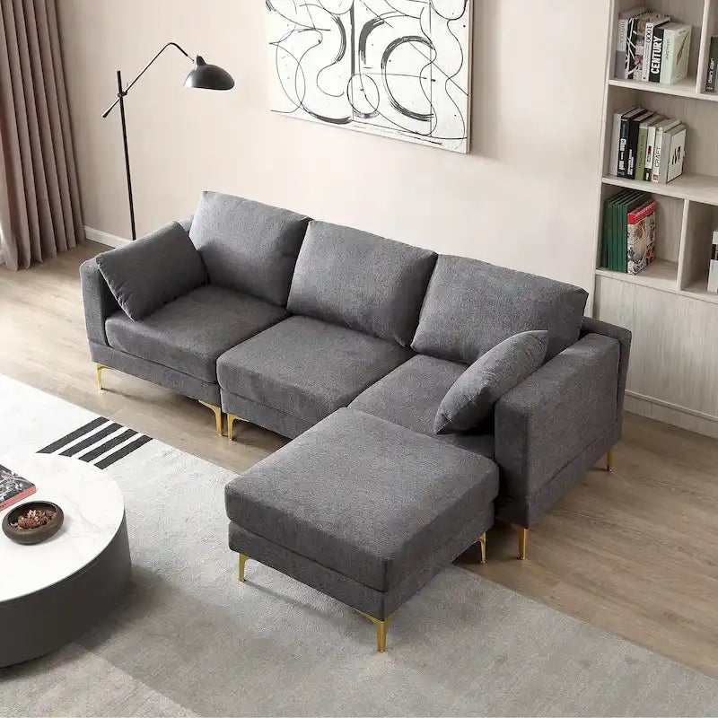 Christopher Knight Home - Beiges L-förmiges Sektionssofa mit goldenen Metallbeinen und Ottomane
