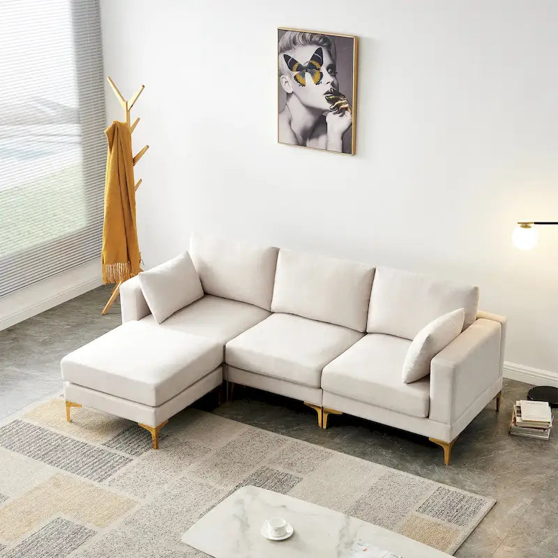 Christopher Knight Home - Beiges L-förmiges Sektionssofa mit goldenen Metallbeinen und Ottomane