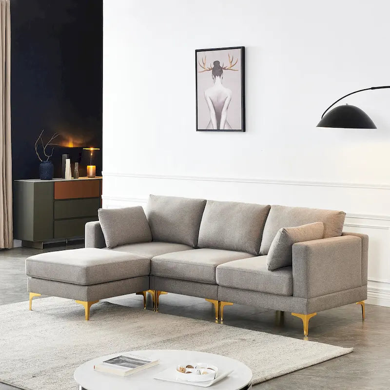 Christopher Knight Home - Beiges L-förmiges Sektionssofa mit goldenen Metallbeinen und Ottomane