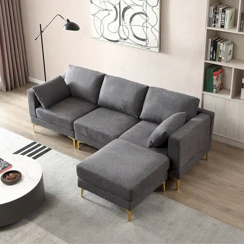 Christopher Knight Home - Beiges L-förmiges Sektionssofa mit goldenen Metallbeinen und Ottomane