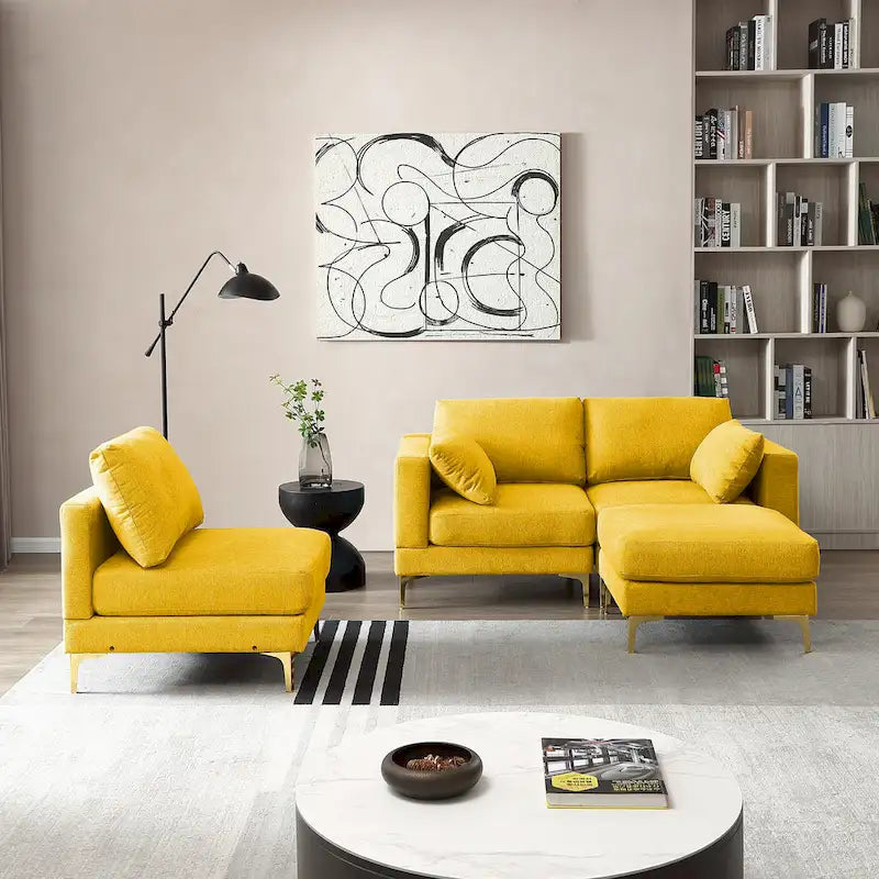 Christopher Knight Home - Beiges L-förmiges Sektionssofa mit goldenen Metallbeinen und Ottomane