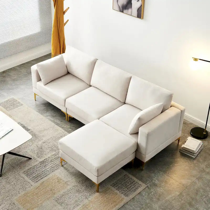 Christopher Knight Home - Beiges L-förmiges Sektionssofa mit goldenen Metallbeinen und Ottomane