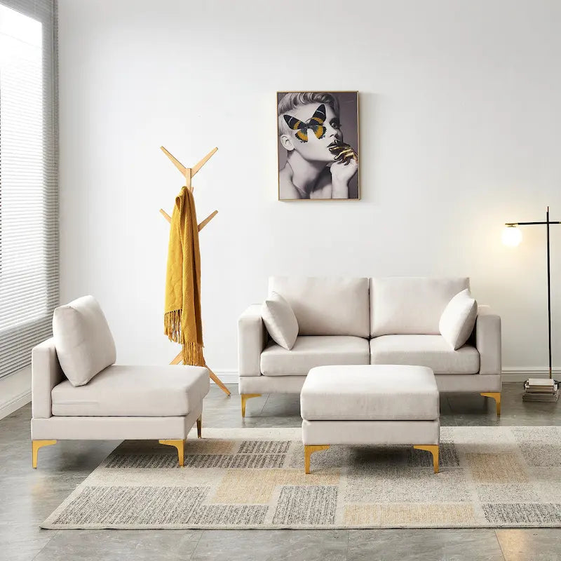 Christopher Knight Home - Beiges L-förmiges Sektionssofa mit goldenen Metallbeinen und Ottomane