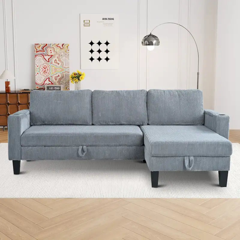 Christopher Knight Home - Reversible Stoff Schlafsofa L-förmig mit Stauraum-Recamiere, USB-Anschlüssen und Getränkehaltern