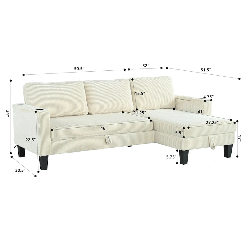 Christopher Knight Home - Reversible Stoff Schlafsofa L-förmig mit Stauraum-Recamiere, USB-Anschlüssen und Getränkehaltern