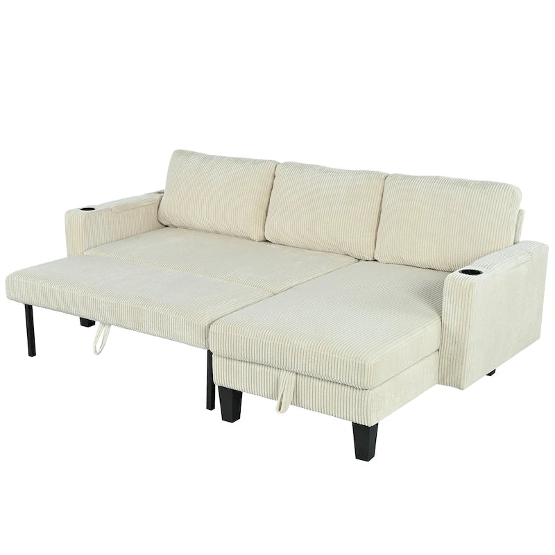 Christopher Knight Home - Reversible Stoff Schlafsofa L-förmig mit Stauraum-Recamiere, USB-Anschlüssen und Getränkehaltern