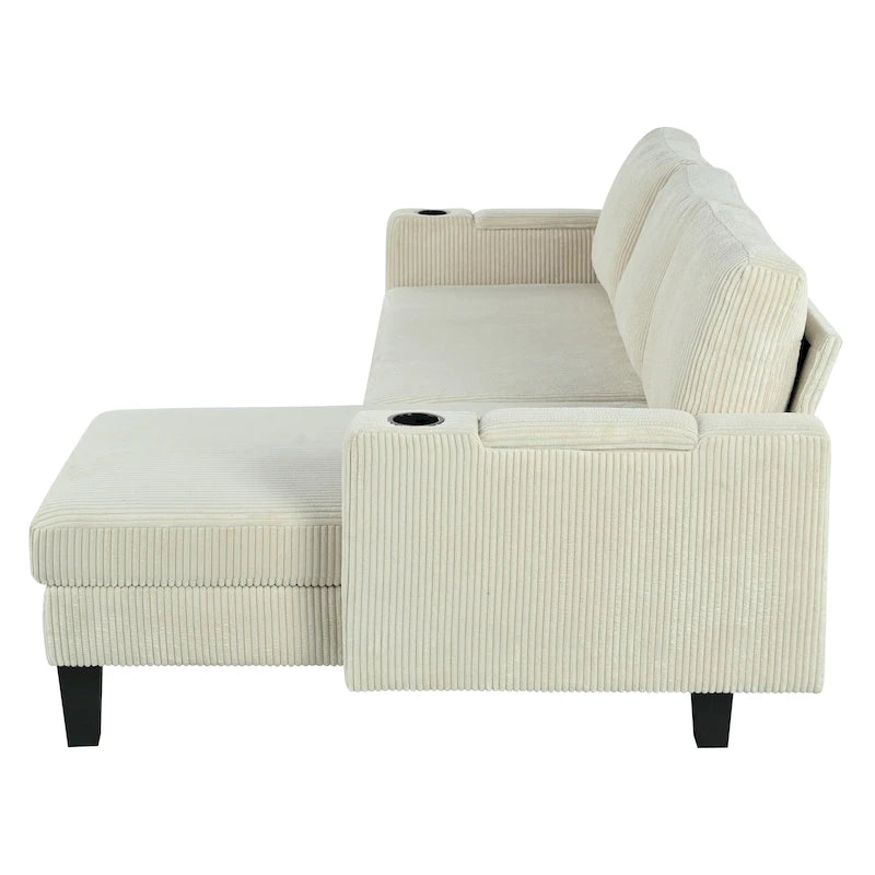 Christopher Knight Home - Reversible Stoff Schlafsofa L-förmig mit Stauraum-Recamiere, USB-Anschlüssen und Getränkehaltern