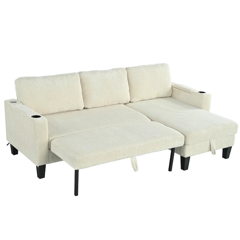 Christopher Knight Home - Reversible Stoff Schlafsofa L-förmig mit Stauraum-Recamiere, USB-Anschlüssen und Getränkehaltern