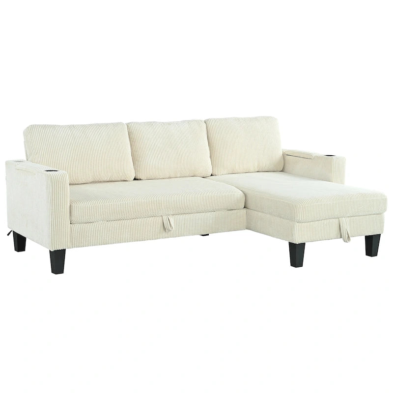 Christopher Knight Home - Reversible Stoff Schlafsofa L-förmig mit Stauraum-Recamiere, USB-Anschlüssen und Getränkehaltern