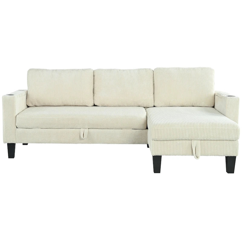 Christopher Knight Home - Reversible Stoff Schlafsofa L-förmig mit Stauraum-Recamiere, USB-Anschlüssen und Getränkehaltern