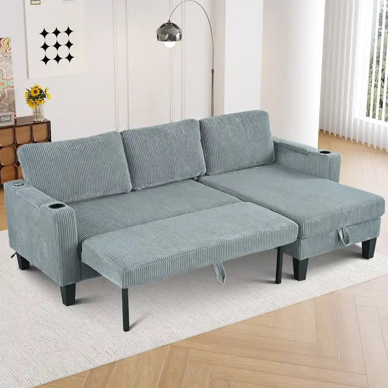 Christopher Knight Home - Reversible Stoff Schlafsofa L-förmig mit Stauraum-Recamiere, USB-Anschlüssen und Getränkehaltern