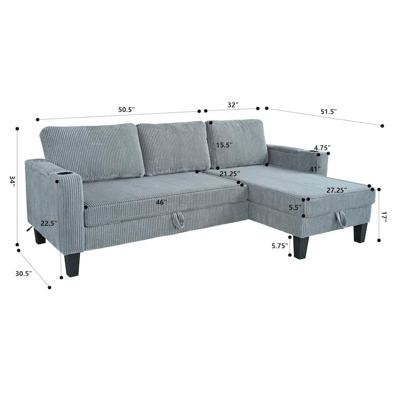 Christopher Knight Home - Reversible Stoff Schlafsofa L-förmig mit Stauraum-Recamiere, USB-Anschlüssen und Getränkehaltern