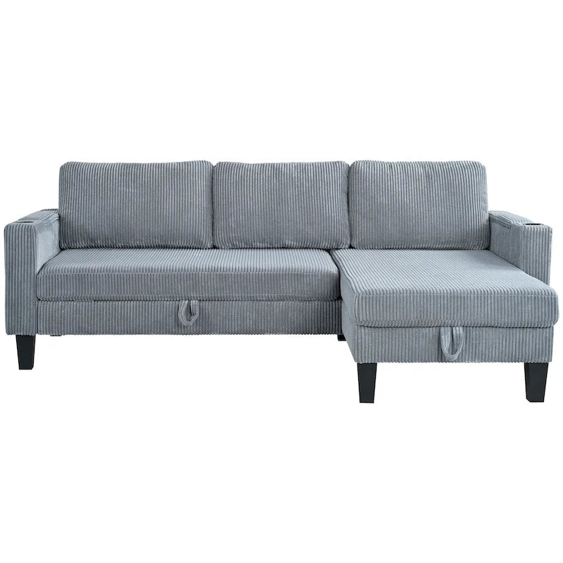 Christopher Knight Home - Reversible Stoff Schlafsofa L-förmig mit Stauraum-Recamiere, USB-Anschlüssen und Getränkehaltern
