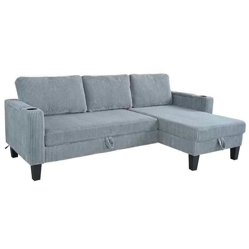 Christopher Knight Home - Reversible Stoff Schlafsofa L-förmig mit Stauraum-Recamiere, USB-Anschlüssen und Getränkehaltern