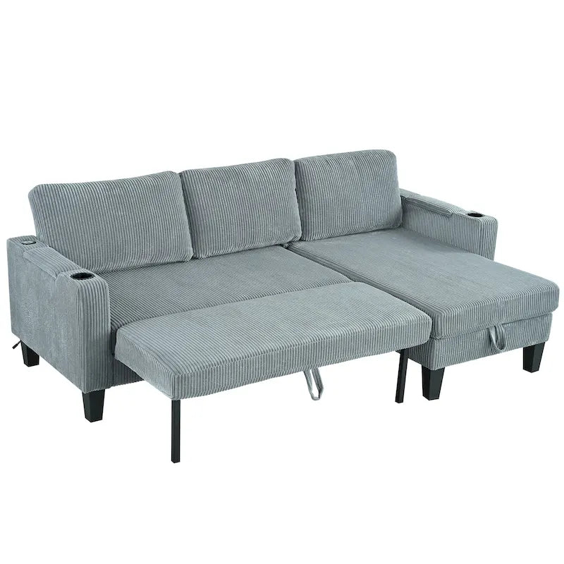 Christopher Knight Home - Reversible Stoff Schlafsofa L-förmig mit Stauraum-Recamiere, USB-Anschlüssen und Getränkehaltern