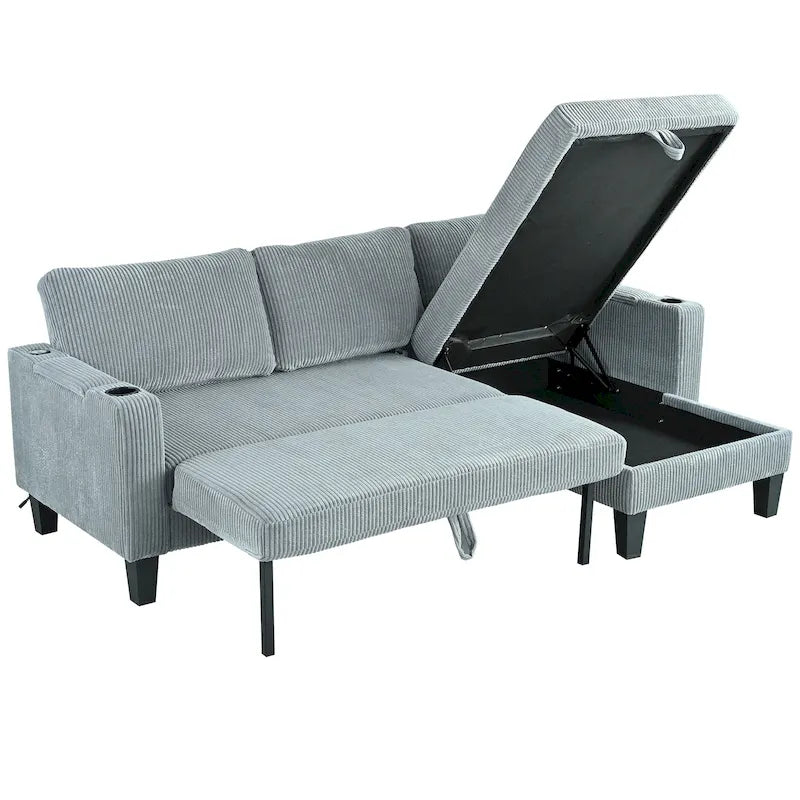 Christopher Knight Home - Reversible Stoff Schlafsofa L-förmig mit Stauraum-Recamiere, USB-Anschlüssen und Getränkehaltern