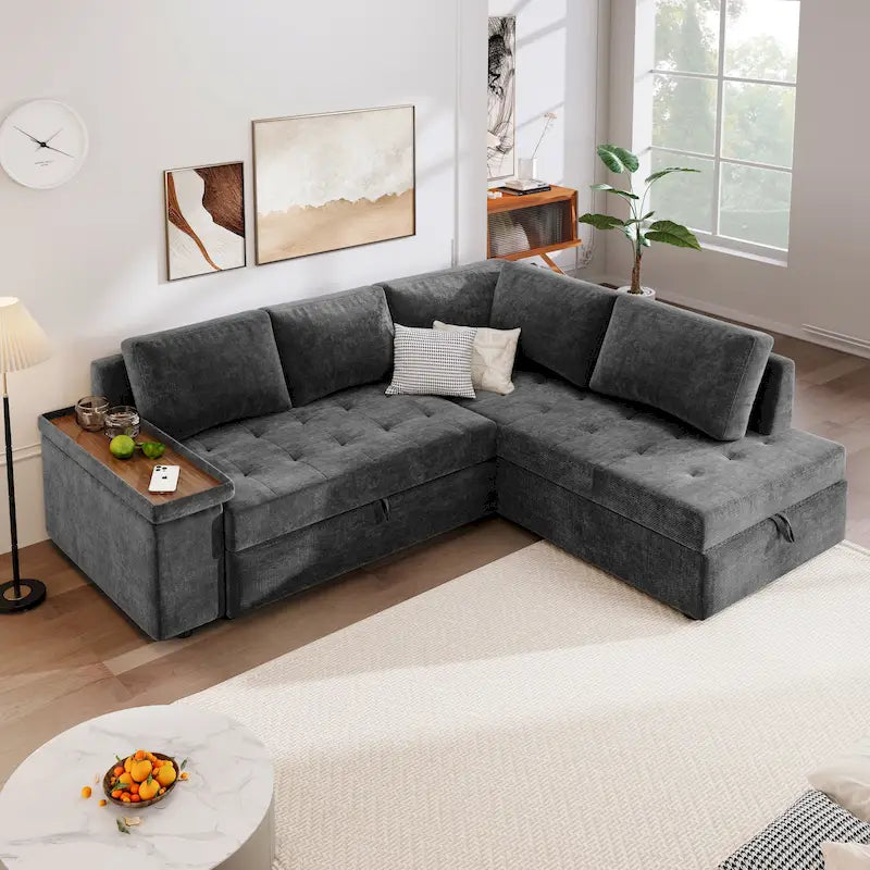 Christopher Knight Home – Miranda umwandelbares Sektionssofa aus Polyester mit Stauraum und wendbarem Tablett