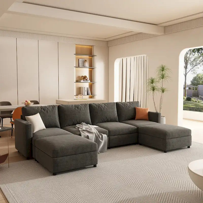 Christopher Knight Home - Stellar modulares U-förmiges Schlafsofa mit Stauraum, 6 Sitze, Ottoman und Chenille-Stoff