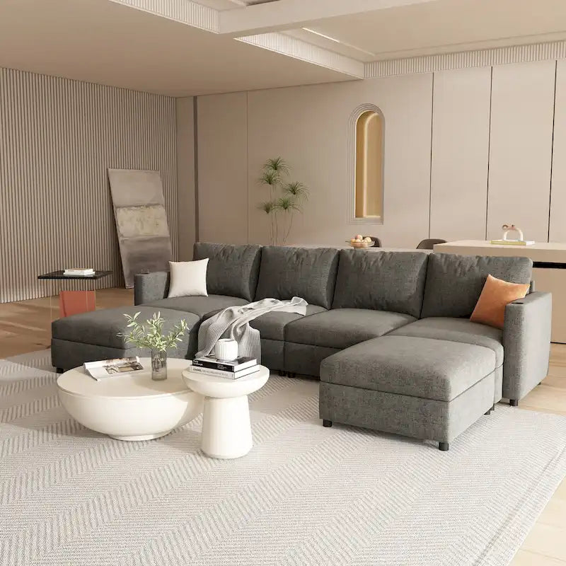 Christopher Knight Home - Stellar modulares U-förmiges Schlafsofa mit Stauraum, 6 Sitze, Ottoman und Chenille-Stoff