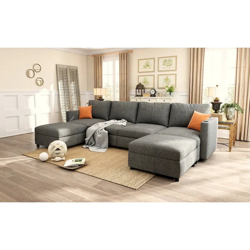Christopher Knight Home - Stellar modulares U-förmiges Schlafsofa mit Stauraum, 6 Sitze, Ottoman und Chenille-Stoff