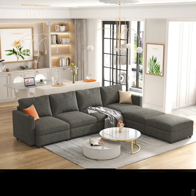Christopher Knight Home - Stellar modulares U-förmiges Schlafsofa mit Stauraum, 6 Sitze, Ottoman und Chenille-Stoff