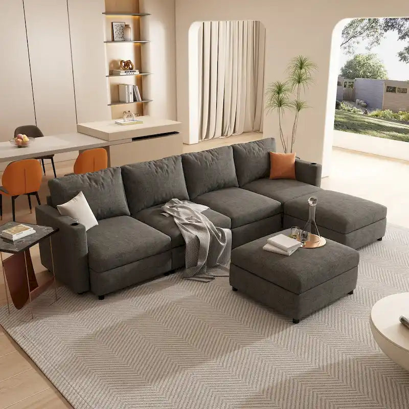 Christopher Knight Home - Stellar modulares U-förmiges Schlafsofa mit Stauraum, 6 Sitze, Ottoman und Chenille-Stoff