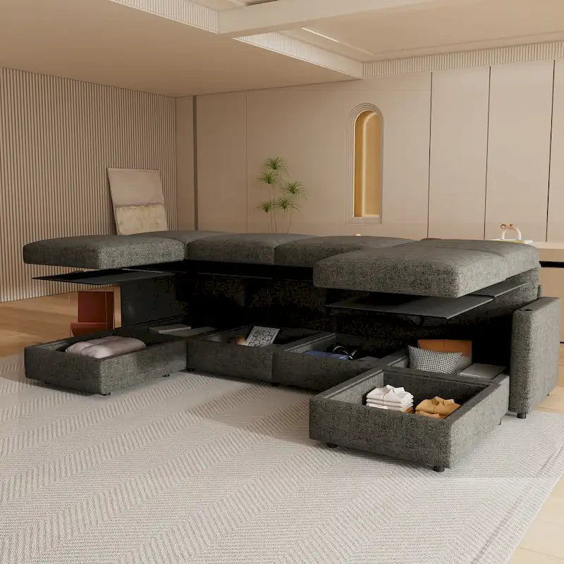 Christopher Knight Home - Stellar modulares U-förmiges Schlafsofa mit Stauraum, 6 Sitze, Ottoman und Chenille-Stoff