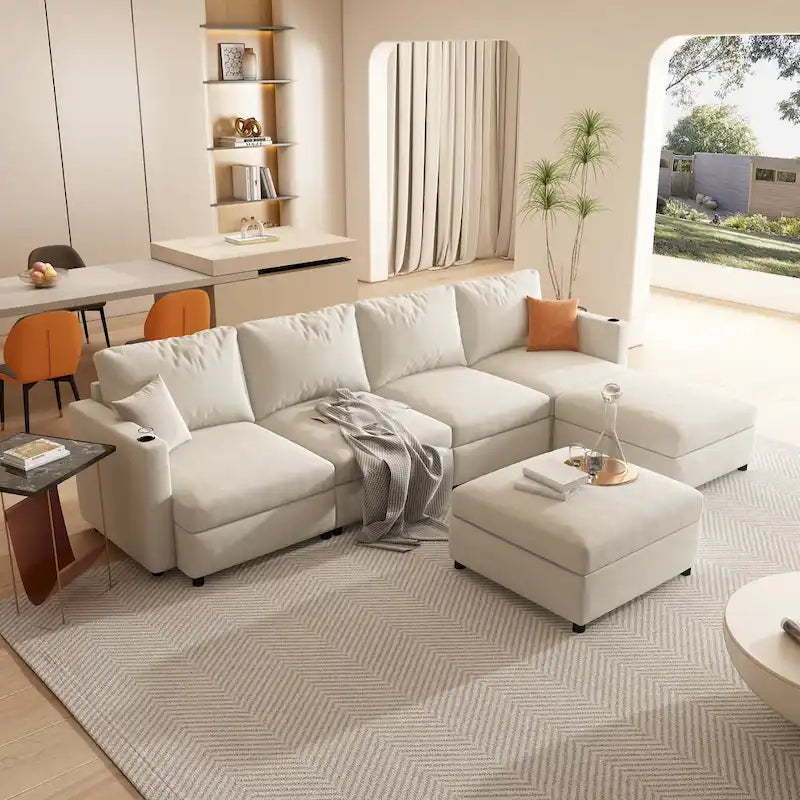 Christopher Knight Home - Stellar modulares U-förmiges Schlafsofa mit Stauraum, 6 Sitze, Ottoman und Chenille-Stoff