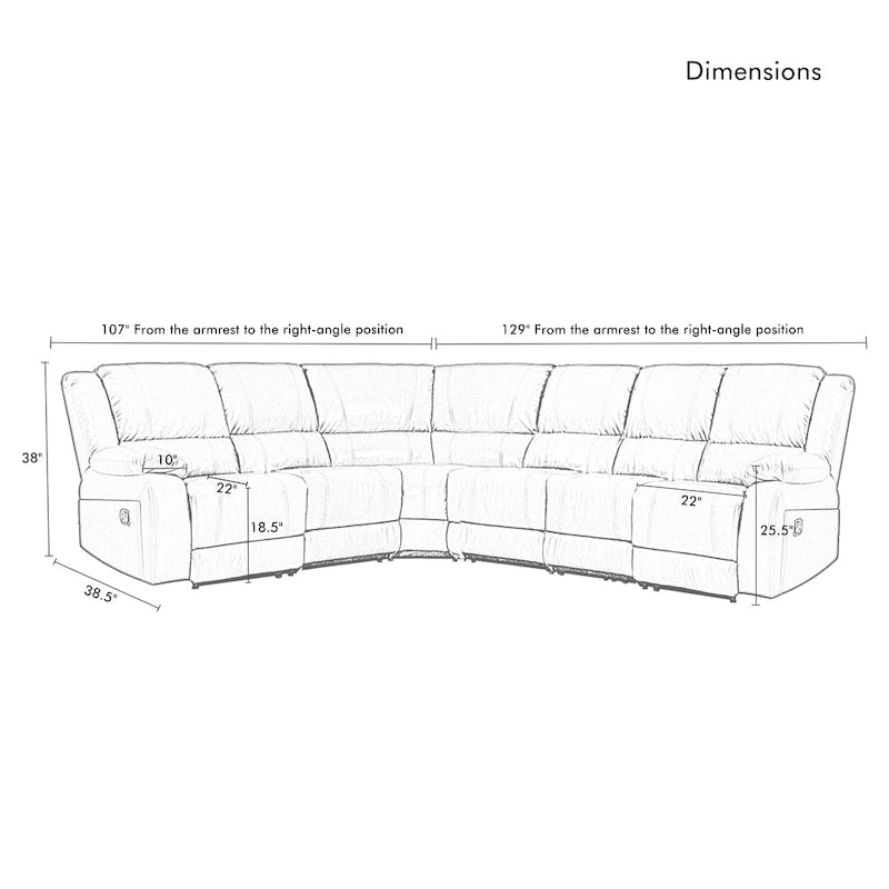 129 W Kunstleder 6-Sitzer Großes manuelles Relax-Sofa