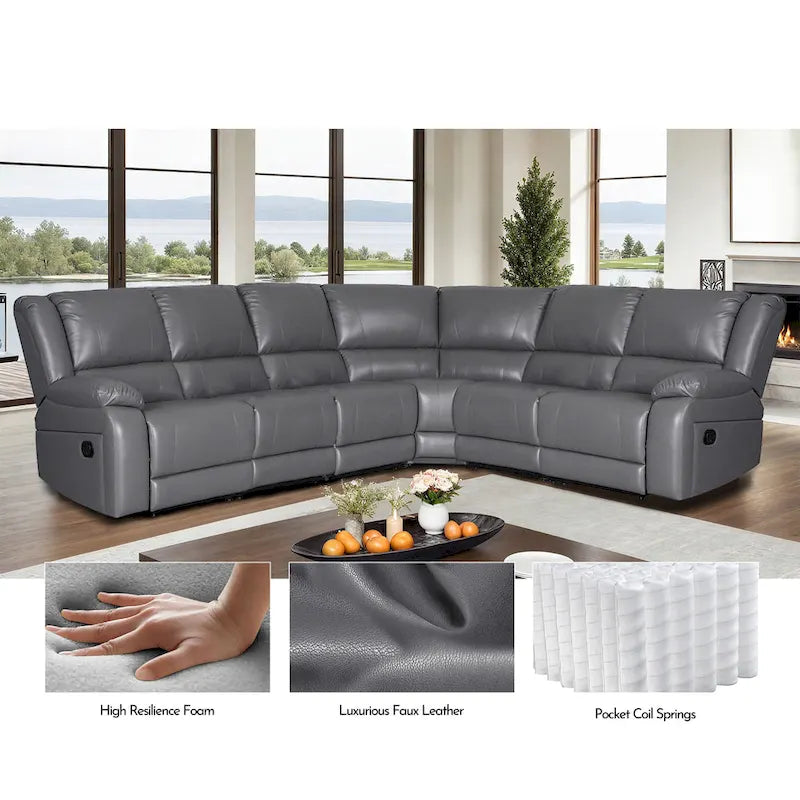 129 W Kunstleder 6-Sitzer Großes manuelles Relax-Sofa