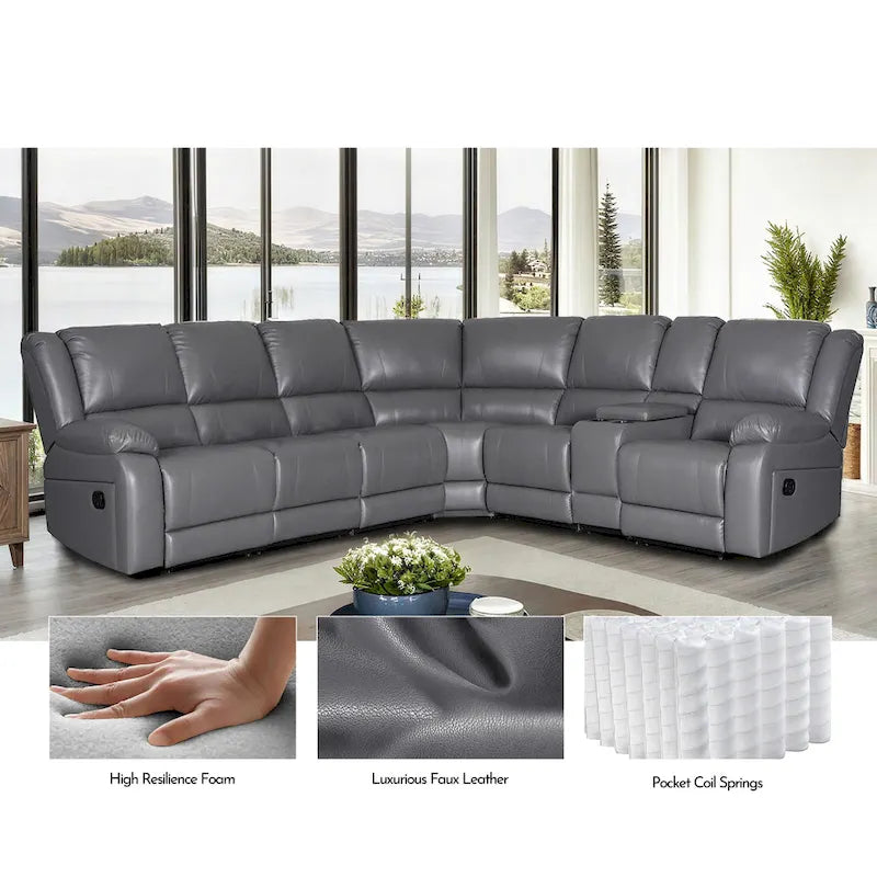 129 W Kunstleder 6-Sitzer Großes manuelles Relax-Sofa