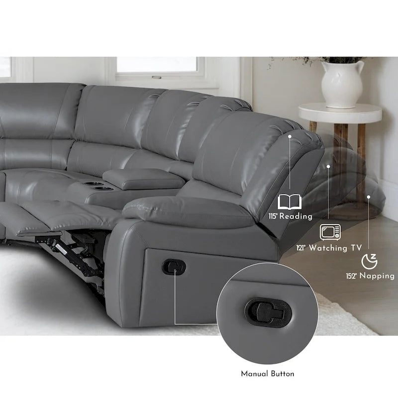 129 W Kunstleder 6-Sitzer Großes manuelles Relax-Sofa