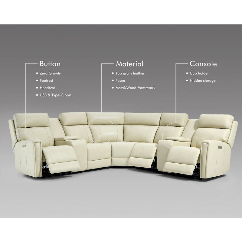 Sofa Garnitur aus echtem Leder mit elektrischer Relaxfunktion, verstellbaren Kopfstützen, USB- und USB-C-Anschluss