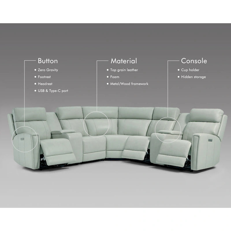 Sofa Garnitur aus echtem Leder mit elektrischer Relaxfunktion, verstellbaren Kopfstützen, USB- und USB-C-Anschluss