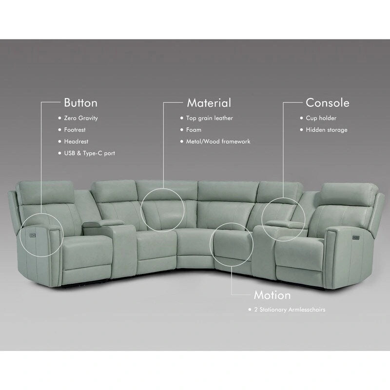 Sofa Garnitur aus echtem Leder mit elektrischer Relaxfunktion, verstellbaren Kopfstützen, USB- und USB-C-Anschluss